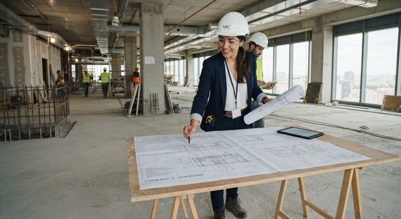 Ingeniera revisando planos en una obra