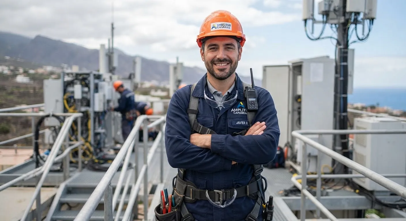 Técnico de Grupo Amplitud en una instalación de telecomunicaciones